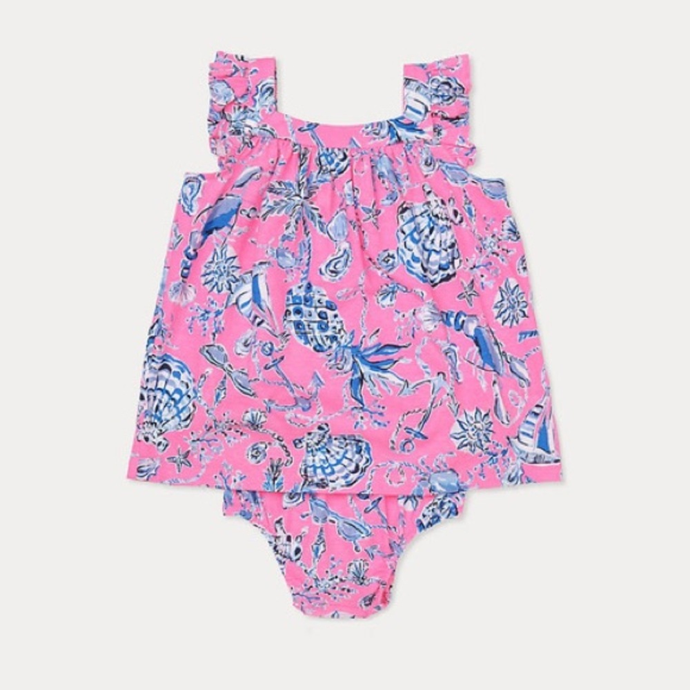 Lilly Pulitzer 3-6 mo Plumeria Infant Dress Rousseau Pink Barefoot Beachcombers